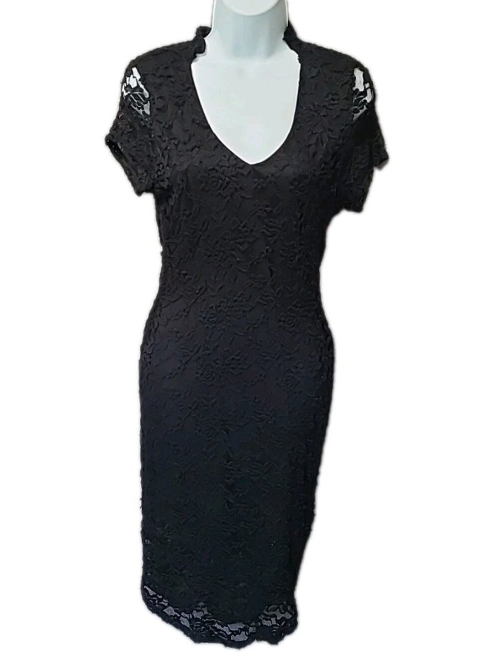 Womens Dress Jr L Black Short Sleeve Body Con Midi Lace Overlay Fairy Grunge